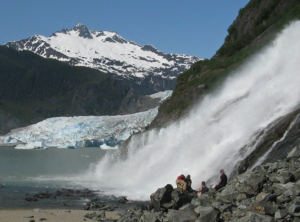 Mendenhall Glacier with Nugget Falls beside it